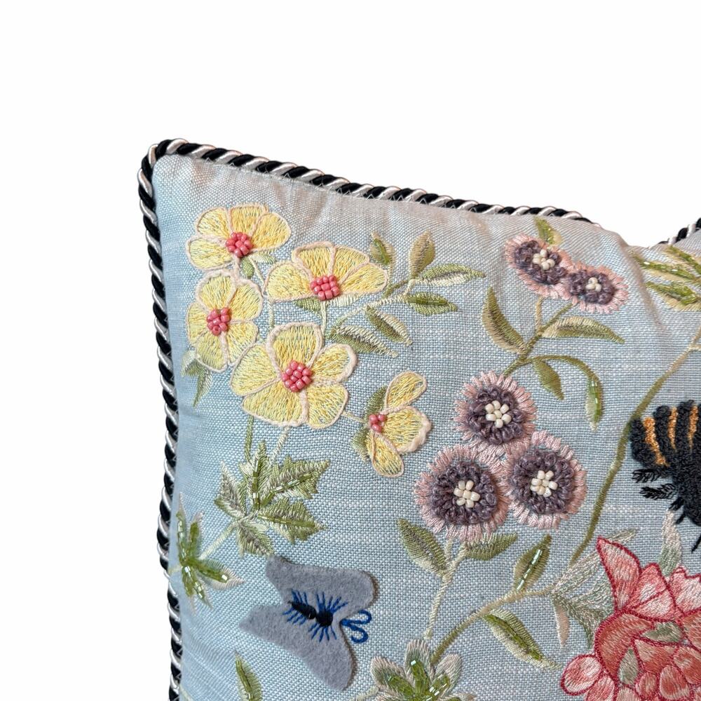 NEW Mackenzie-Childs Floral & Bee Throw Pillow 18x18 Embroidered Spring Decor - Picture 13 of 13